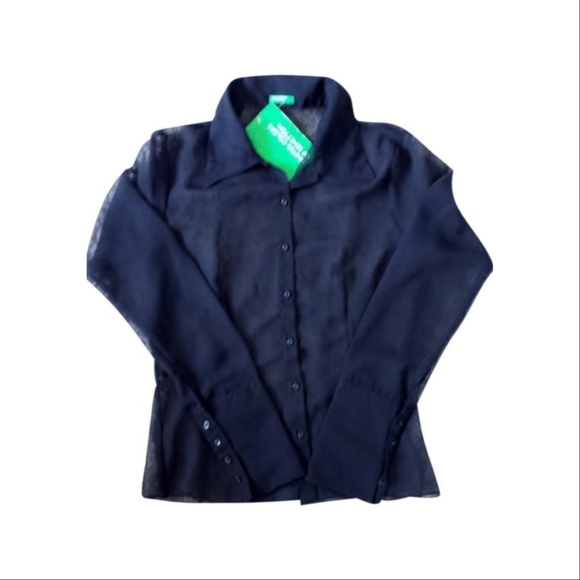 United Colors of Benetton Black Blouse Sheer Mesh Shirt Long Sleeve See - Picture 2 of 4